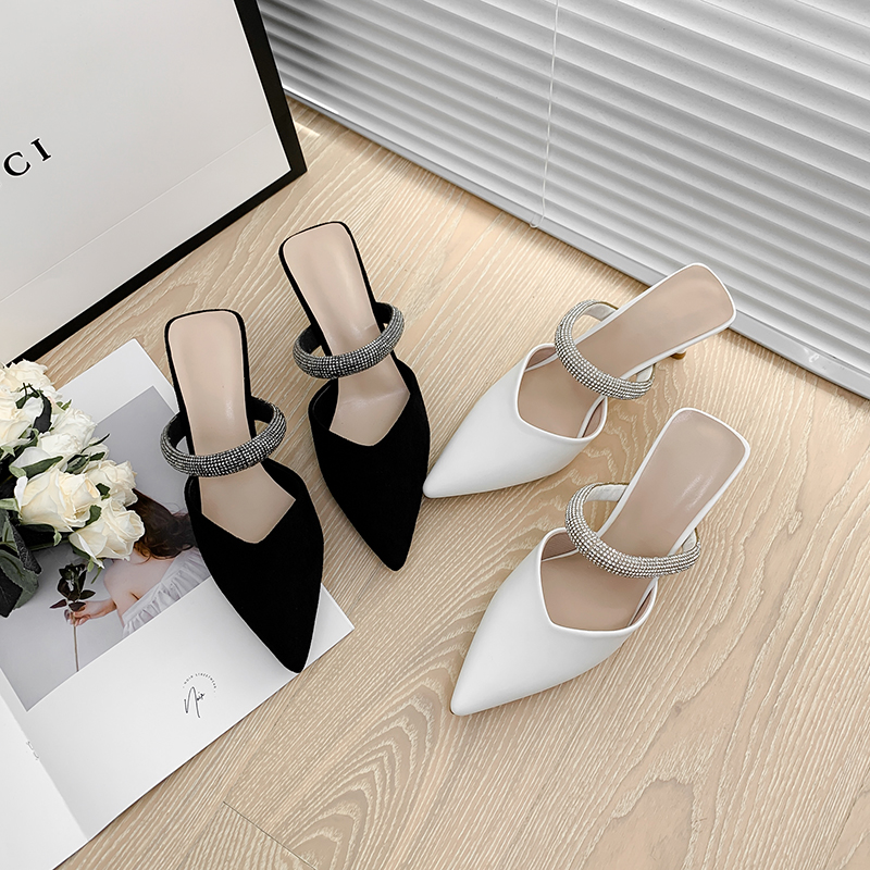 2023 New Summer Rhinestone Strap Pointed Toe Open Back High Heel Peep Toe Women's Sandals