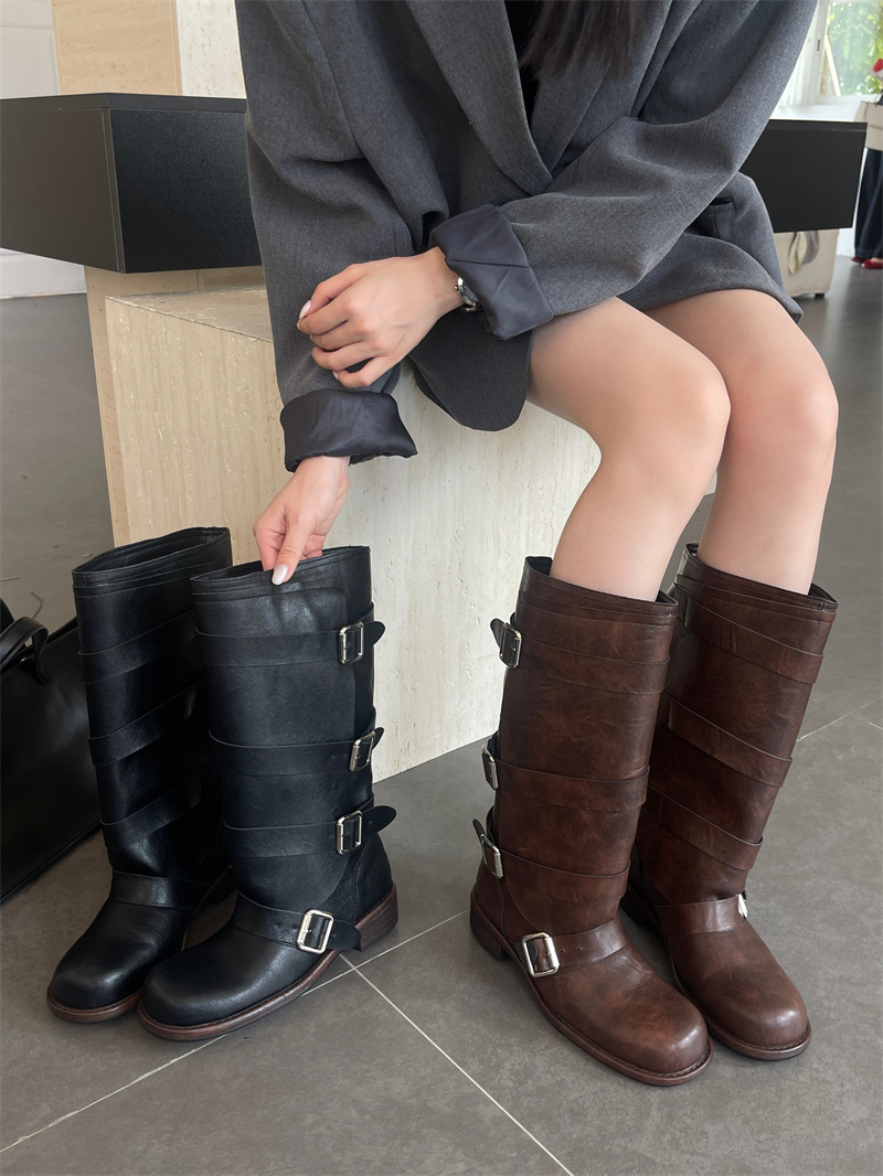 2025 New Cowhide Wide Shaft Knight Boots Women Long Boots Low Chunky Heel Belt Buckle Western Wasteland Style Mid Calf Boots