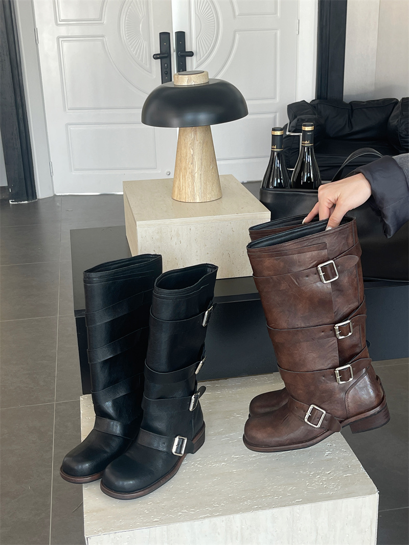 2025 New Cowhide Wide Shaft Knight Boots Women Long Boots Low Chunky Heel Belt Buckle Western Wasteland Style Mid Calf Boots - Image 2