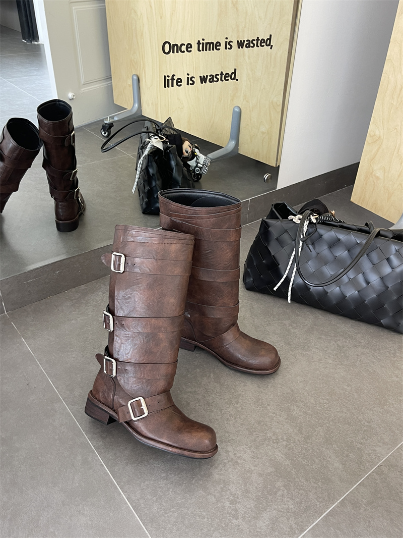 2025 New Cowhide Wide Shaft Knight Boots Women Long Boots Low Chunky Heel Belt Buckle Western Wasteland Style Mid Calf Boots - Image 4
