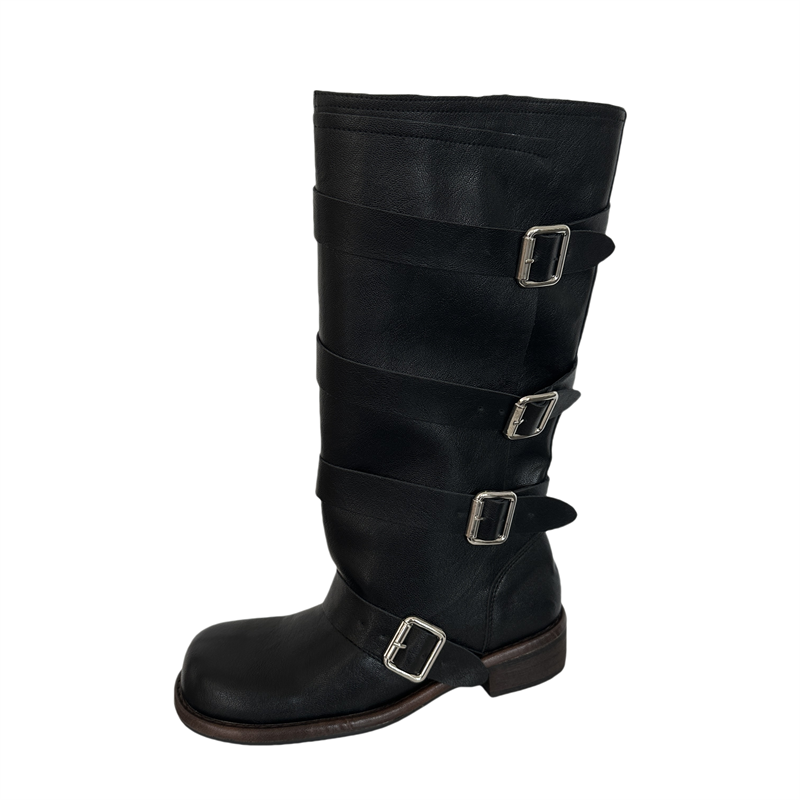 2025 New Cowhide Wide Shaft Knight Boots Women Long Boots Low Chunky Heel Belt Buckle Western Wasteland Style Mid Calf Boots - Image 5