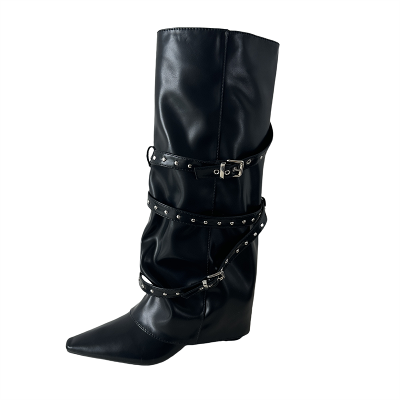 2026 New Winter High Heel Tube Boots Chunky Heel Rivet Belt Buckle Wide Calf Long Boots Pointed Toe Tall Boots - Image 5