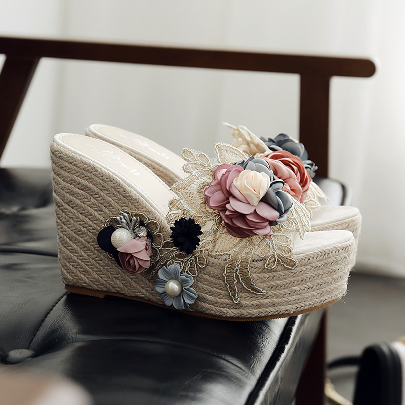 2026 Women's Rope Woven Platform Sandals with Flower Pearl Clear Heel Wedge High Heel Sizes 34-43 Custom