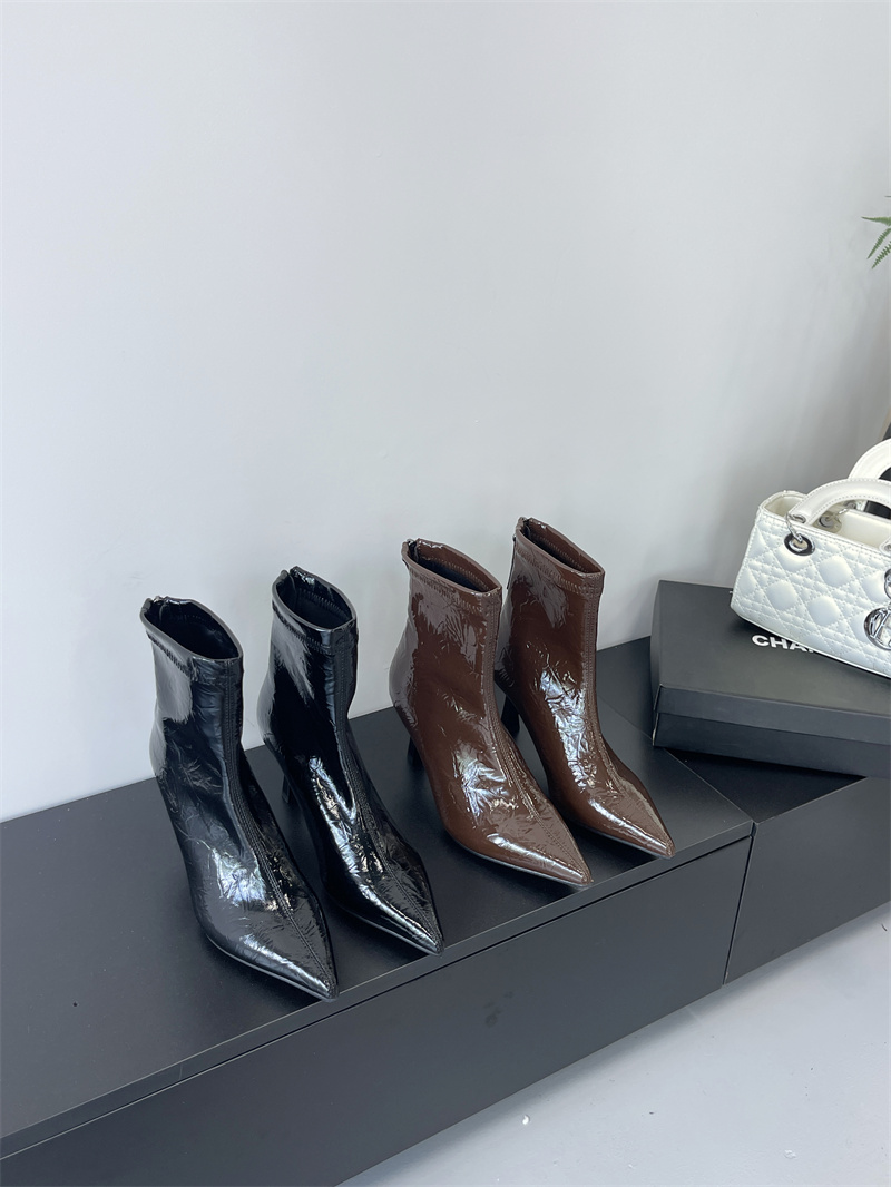 Brown High Quality Wrinkled Leather High Heel Ankle Boots Women 2025 New European American Pointed Toe Thin Heel Slim Boots Fashion Boots - Image 4