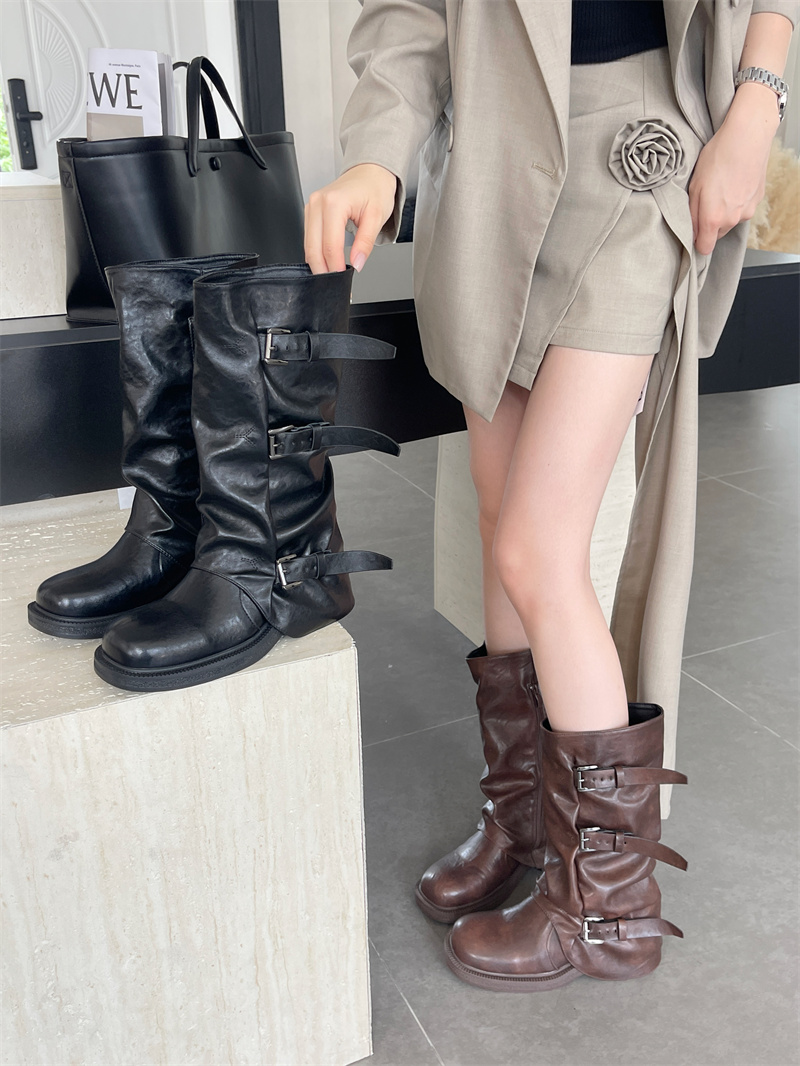 Brown Leather-Look Wrinkled Stack Boots for Women Autumn New Style Hip Tube Boots Thick Sole Mid-Calf Boots