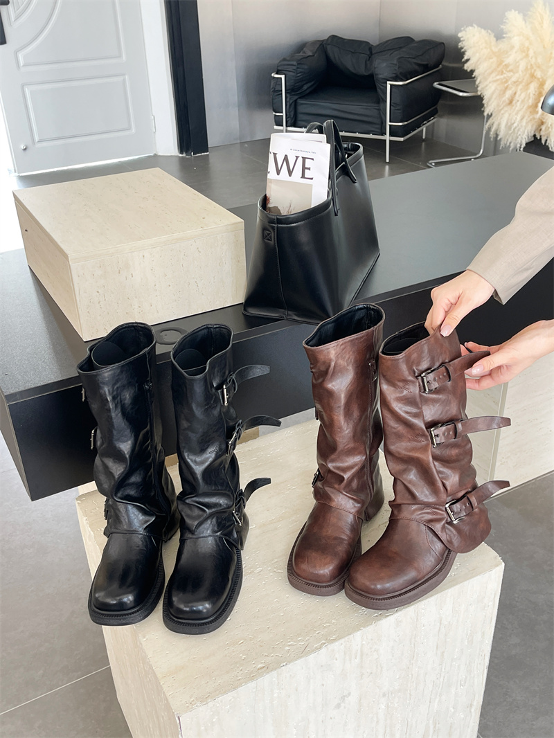 Brown Leather-Look Wrinkled Stack Boots for Women Autumn New Style Hip Tube Boots Thick Sole Mid-Calf Boots - Image 2