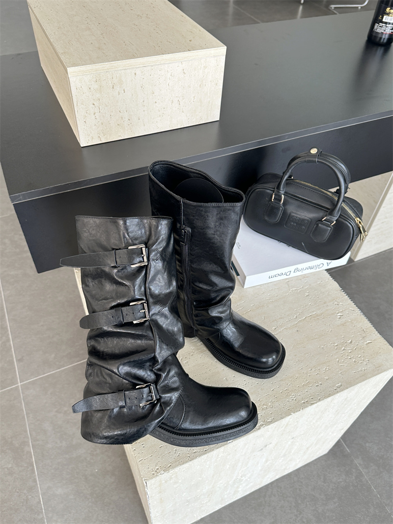 Brown Leather-Look Wrinkled Stack Boots for Women Autumn New Style Hip Tube Boots Thick Sole Mid-Calf Boots - Image 4
