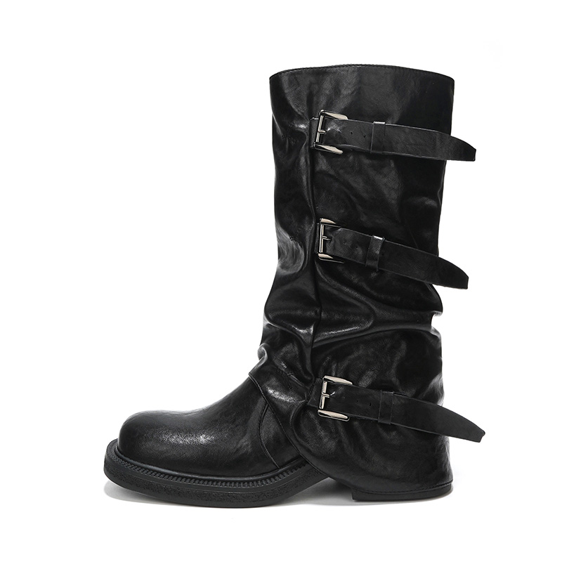 Brown Leather-Look Wrinkled Stack Boots for Women Autumn New Style Hip Tube Boots Thick Sole Mid-Calf Boots - Image 5