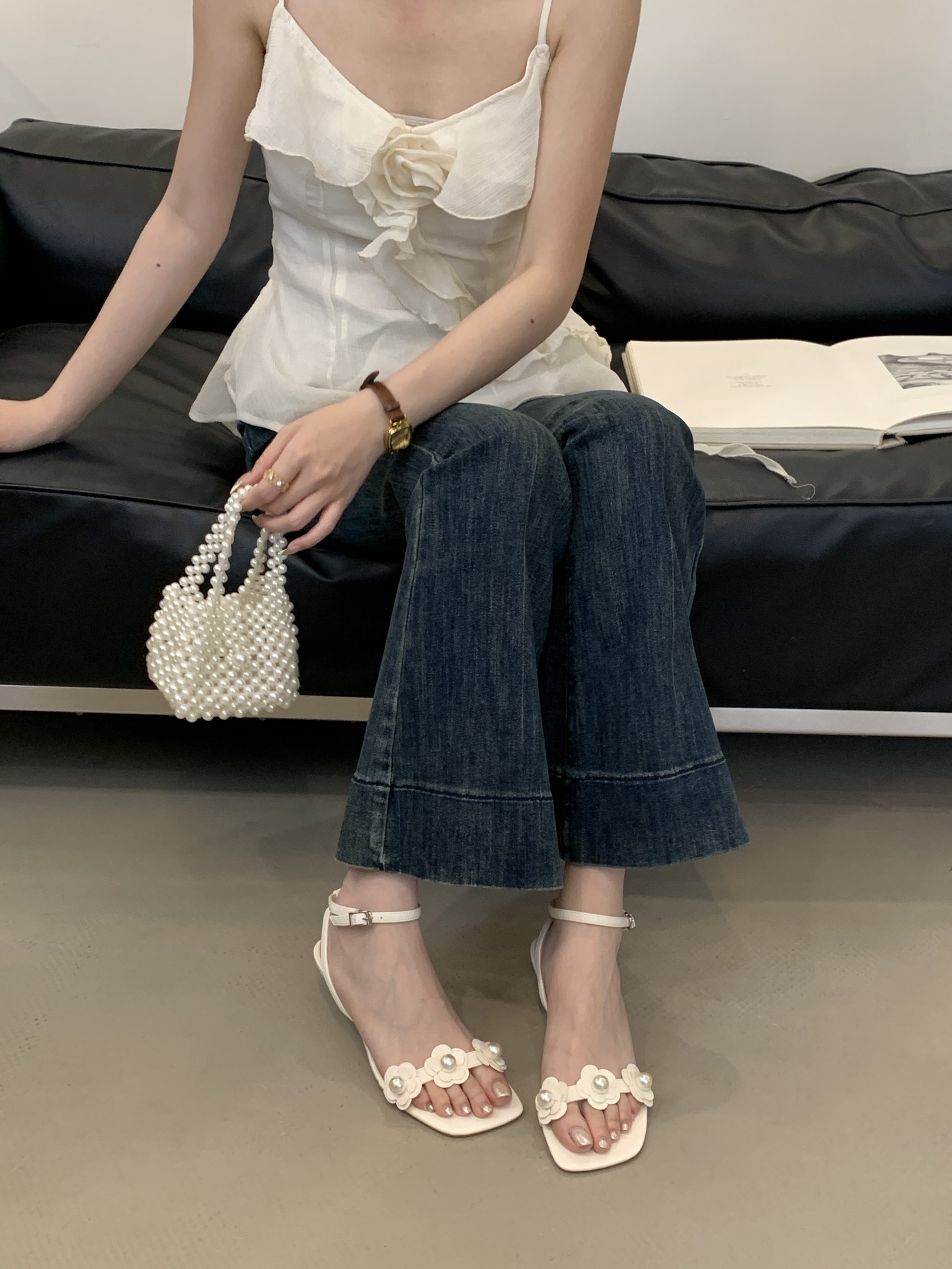Elegant One-Strap Thin Heel Sandals for Women Summer New Style Square Toe Open Toe Fairy Style Vacation Flower Pearl High Heels - Image 3