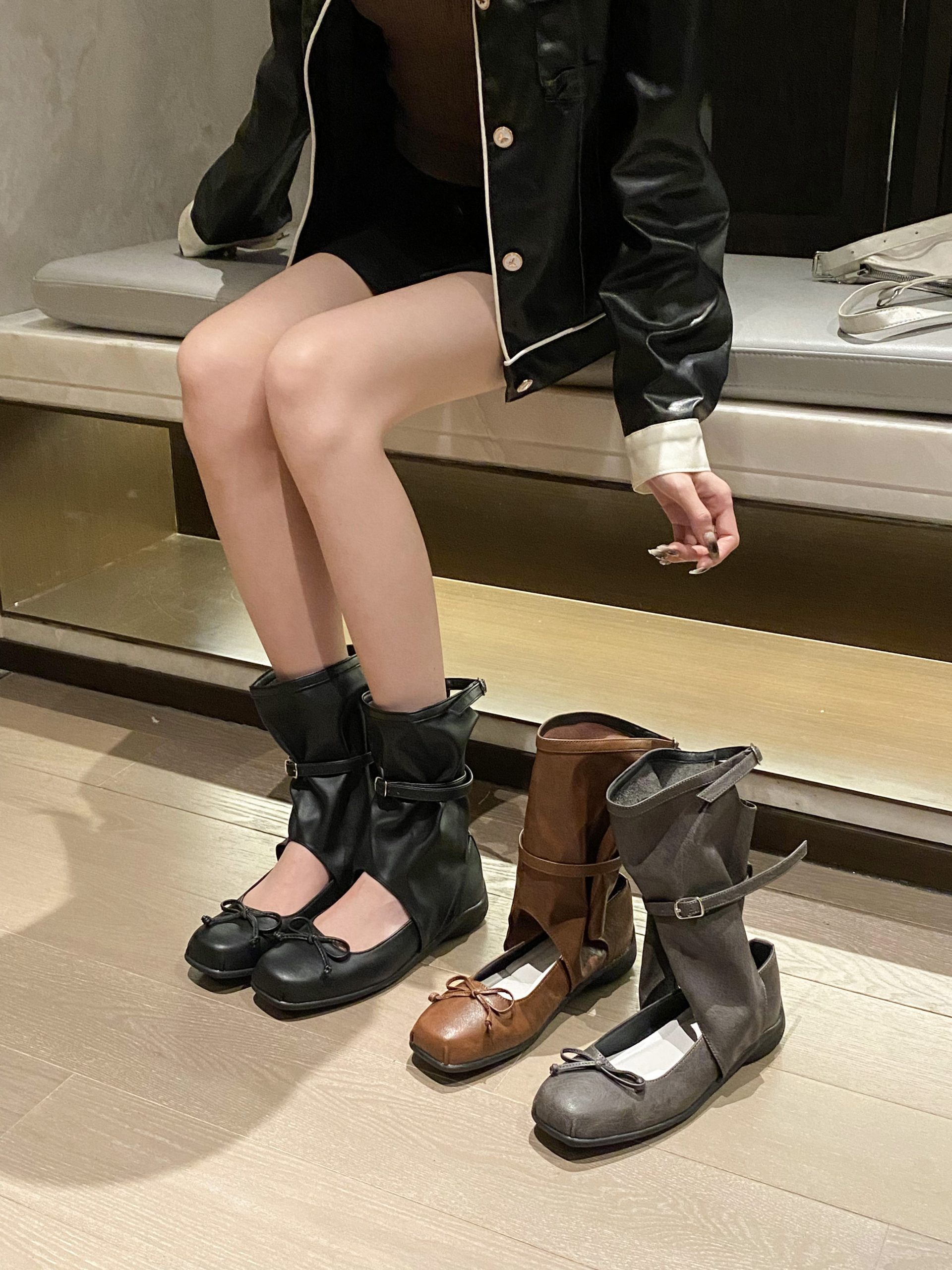 Korean Minimalist Design Buckle Strap Summer Boots for Women 2025 New Bow Ballet Pleated Stacked Boots