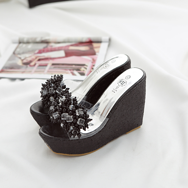 Platform Wedge Heel Clear Toe Slippers with Glitter for Women Nightclub Sexy 34-43 Customizable
