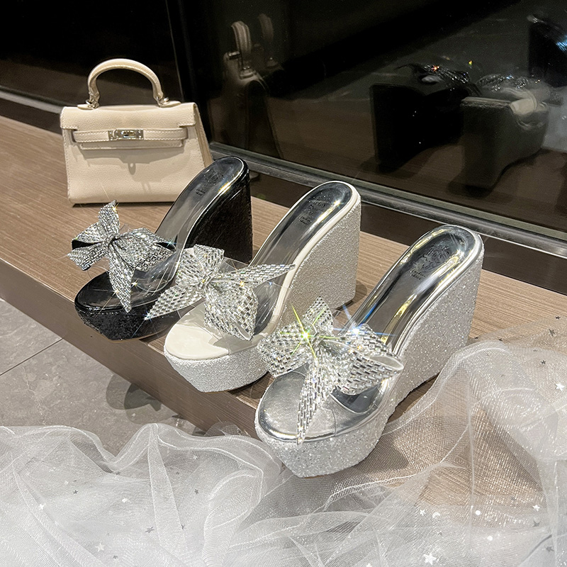 Platform Wedge Heel Slippers with Transparent Peep Toe and Rhinestone Bow for Women 2026 Spring Summer