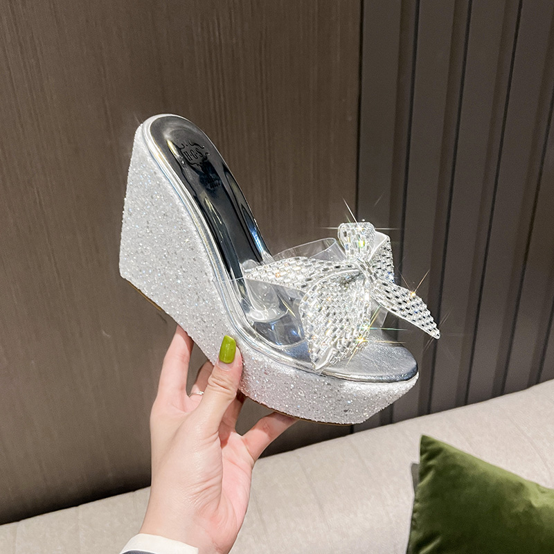 Platform Wedge Heel Slippers with Transparent Peep Toe and Rhinestone Bow for Women 2026 Spring Summer - Image 4