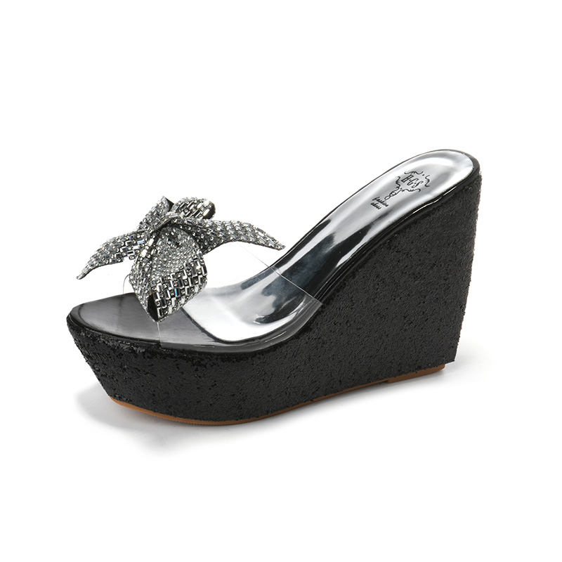 Platform Wedge Heel Slippers with Transparent Peep Toe and Rhinestone Bow for Women 2026 Spring Summer - Image 5