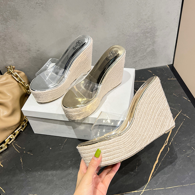 Sheepskin Platform Wedge Sandals with Transparent Toe, 10CM Waterproof High Heels