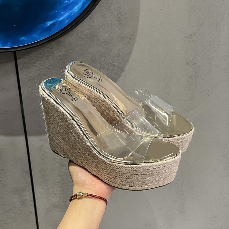 Sheepskin Platform Wedge Sandals with Transparent Toe, 10CM Waterproof High Heels - Image 4