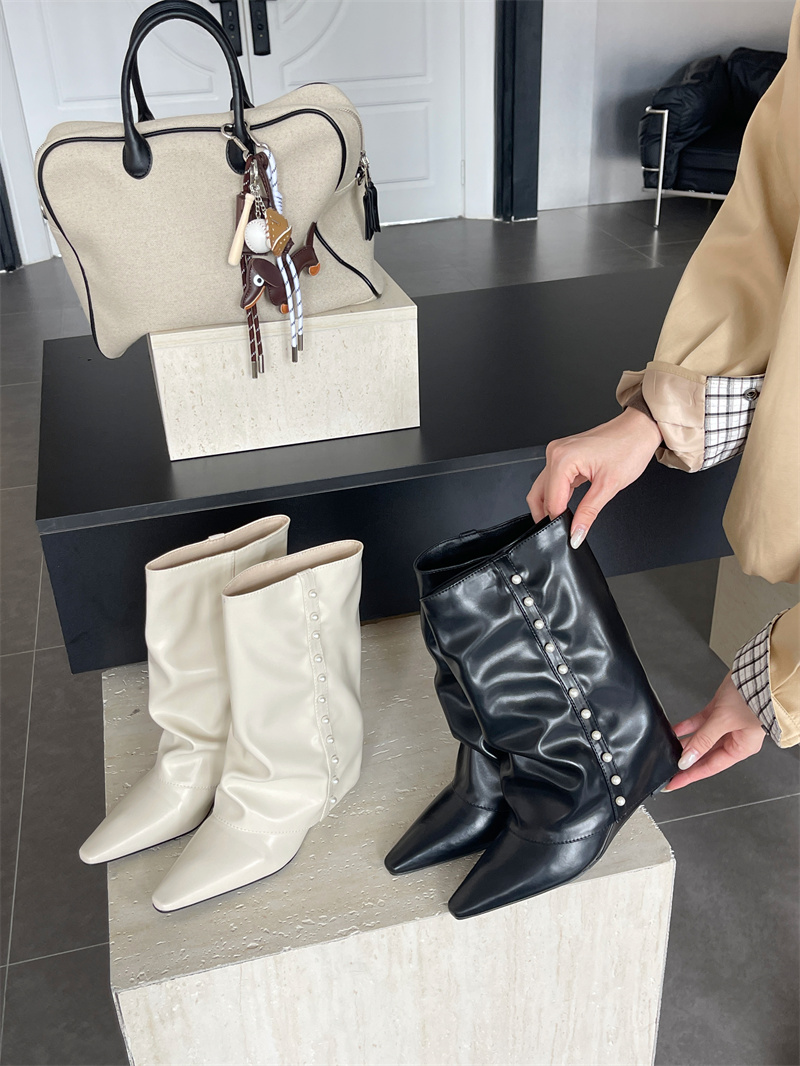 Trendy Pearl Silver Pointed Toe Wedge Mid-Calf Boots for Women 2026 Fall Winter - Image 2