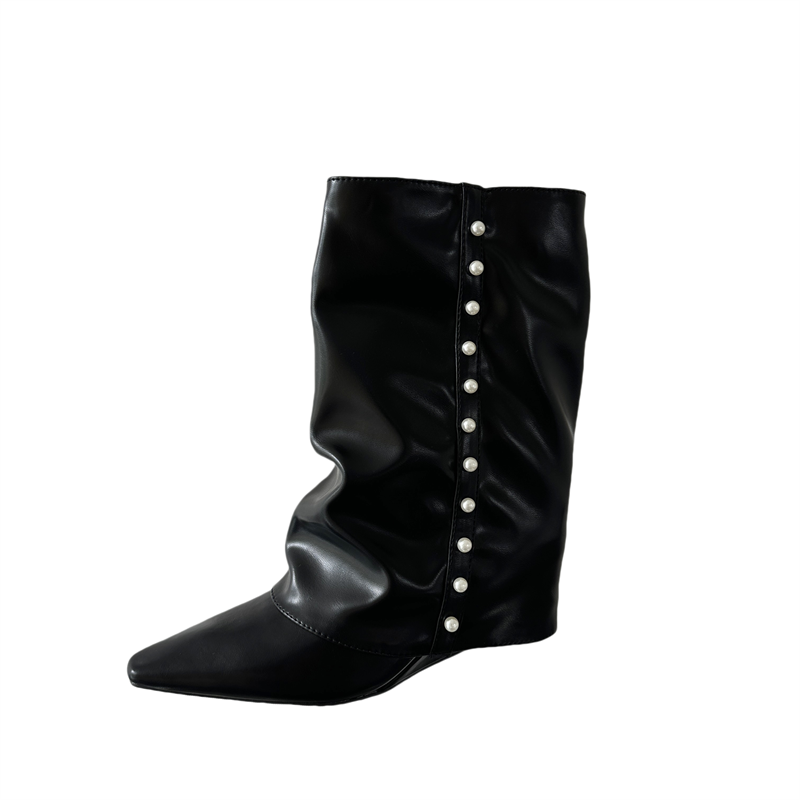 Trendy Pearl Silver Pointed Toe Wedge Mid-Calf Boots for Women 2026 Fall Winter - Image 5