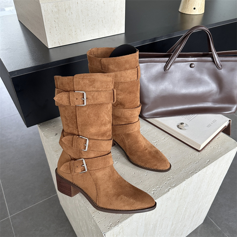 Vintage Western Cowboy Boots for Women 2025 New Belt Buckle Mid Calf Boots Chunky Heel Fold Over Rider Boots - Image 3