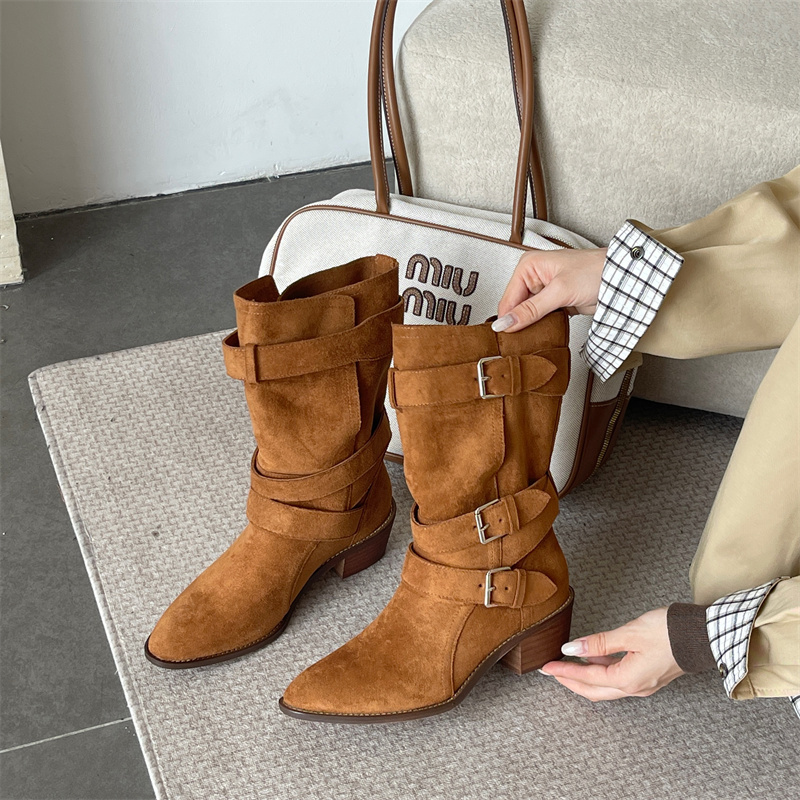 Vintage Western Cowboy Boots for Women 2025 New Belt Buckle Mid Calf Boots Chunky Heel Fold Over Rider Boots - Image 4
