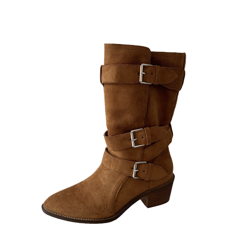 Vintage Western Cowboy Boots for Women 2025 New Belt Buckle Mid Calf Boots Chunky Heel Fold Over Rider Boots - Image 5