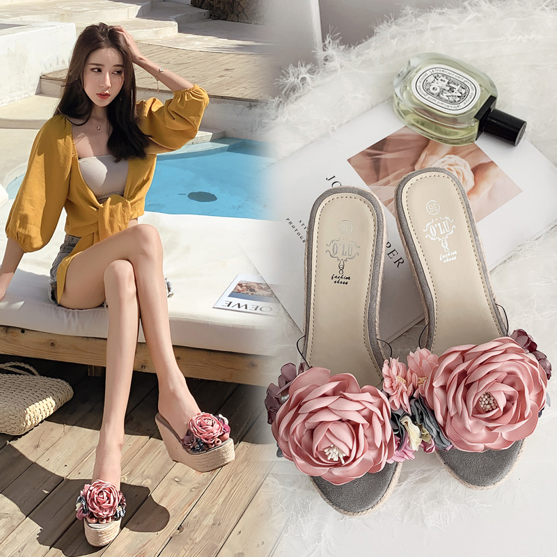 Women's Flat Slide Sandals with Woven Wedge Heel, Anti-Slip Thick Sole, Flower Beach Shoes, Fairy Style
