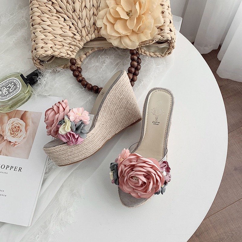 Women's Flat Slide Sandals with Woven Wedge Heel, Anti-Slip Thick Sole, Flower Beach Shoes, Fairy Style - Image 4