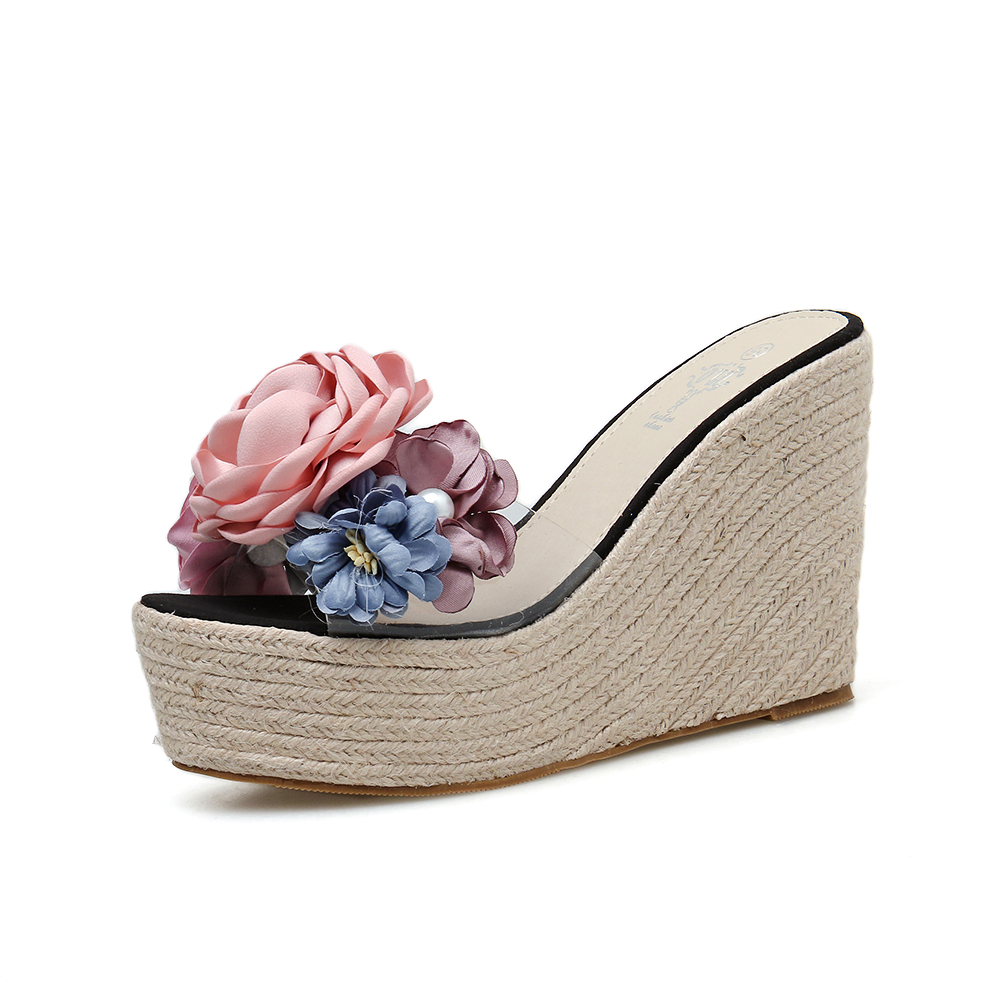 Women's Flat Slide Sandals with Woven Wedge Heel, Anti-Slip Thick Sole, Flower Beach Shoes, Fairy Style - Image 5