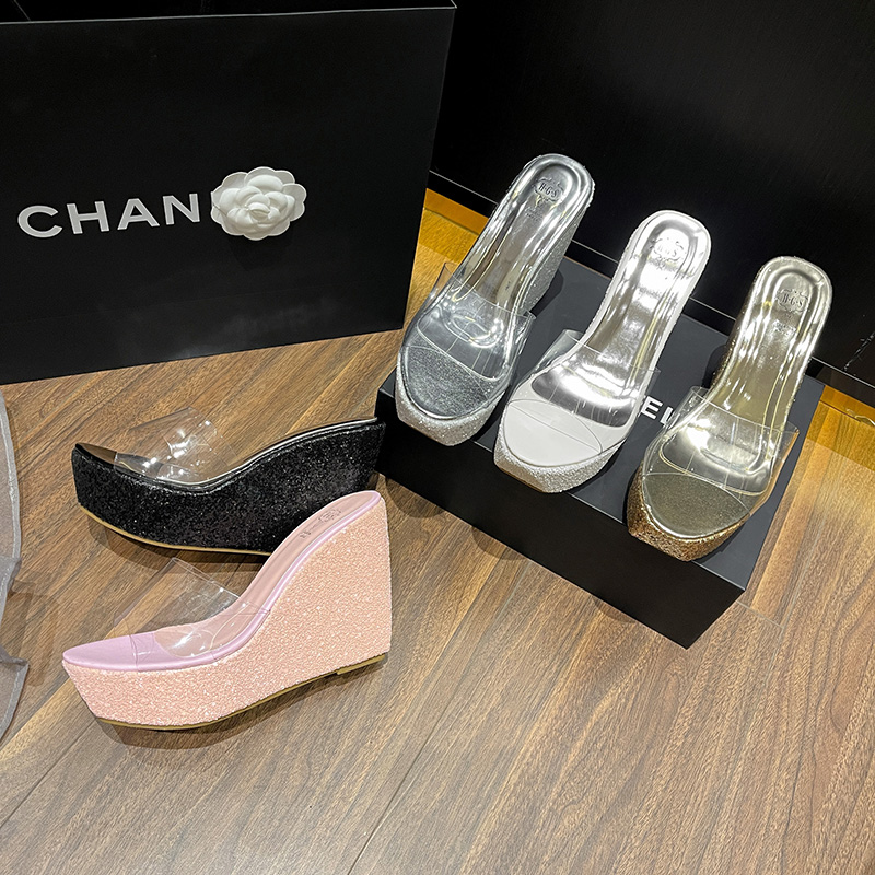 Women's Platform Wedge Sandals with Clear Toe, Glitter Slippers for Nightclub, Size 34-43