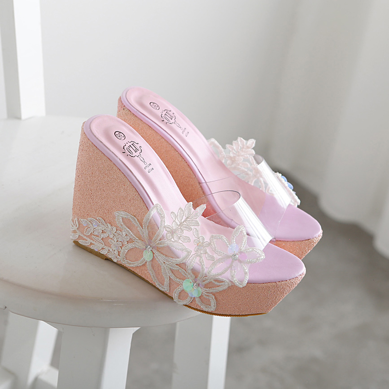 Women's Wedge High Heel Sandals 10.5CM Platform Glitter Rhinestone Slippers