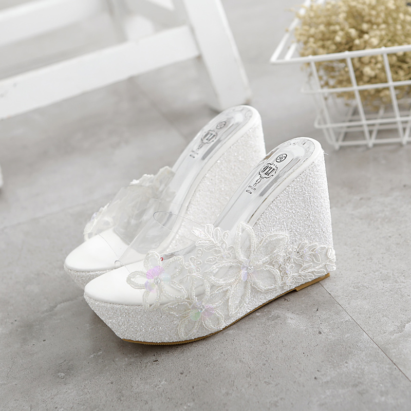 Women's Wedge High Heel Sandals 10.5CM Platform Glitter Rhinestone Slippers - Image 4