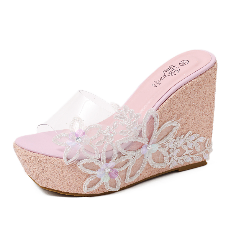 Women's Wedge High Heel Sandals 10.5CM Platform Glitter Rhinestone Slippers - Image 5