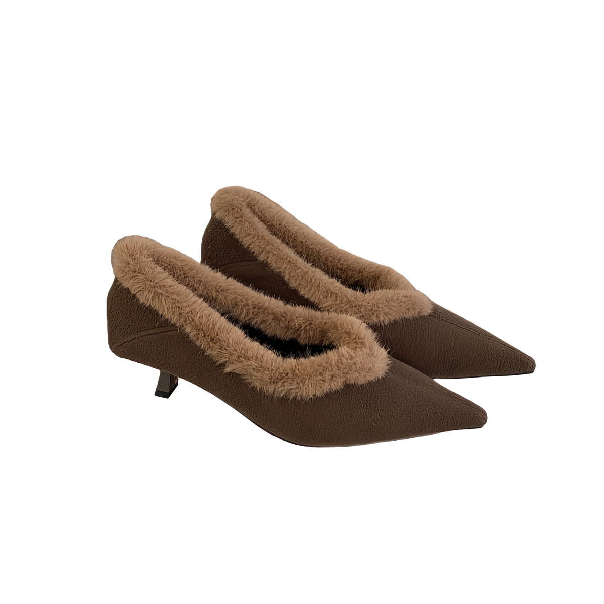 Women's Winter Fleece Lined Pointed Toe Low Heel Slippers with Faux Fur Trim - Image 5
